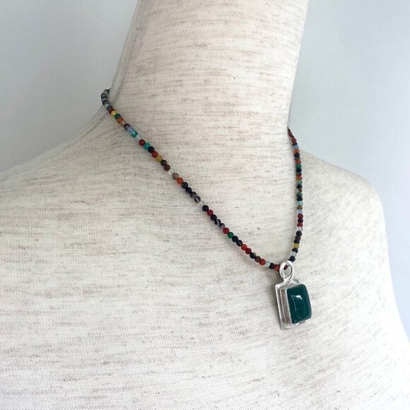 Sterling Silver 925 Multicolor Beaded Green Chrysoprase Pendant Necklace 18" - Picture 4 of 16